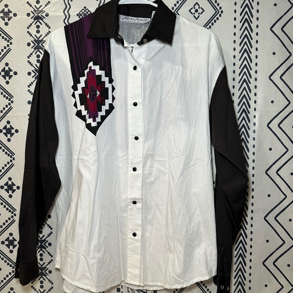 Vintage 90s Adobe Rose Western Aztec Flip Cuff Button Down Shirt Womens Medium